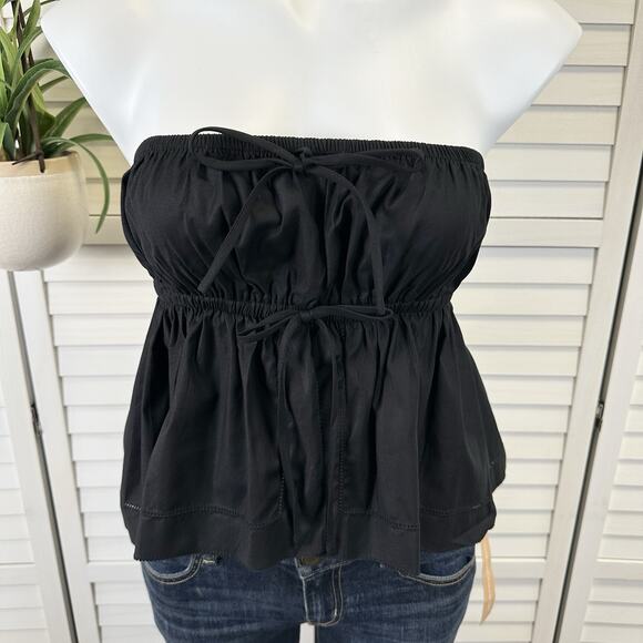 New Reformation Rowen Tube Top Black Cropped Split Hem Bow Blouse Size‎ M - Picture 3 of 8